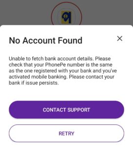 No Account Found error in PhonePe