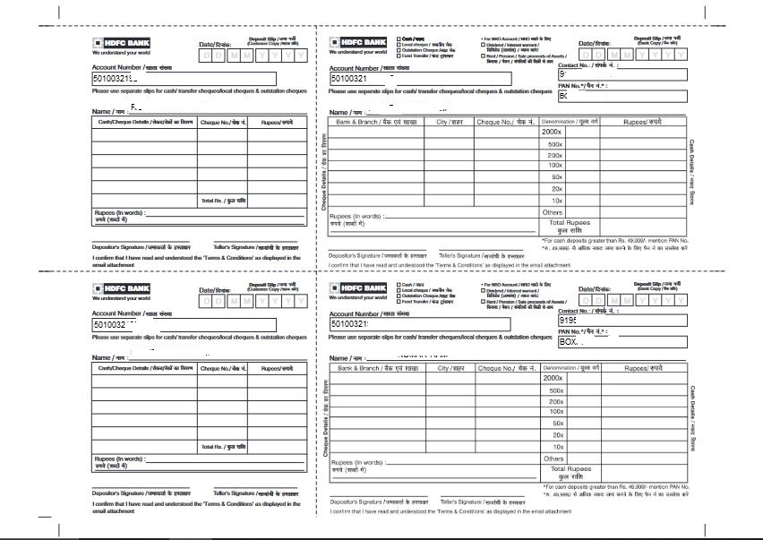 Download HDFC Pre Filled Deposit Slip