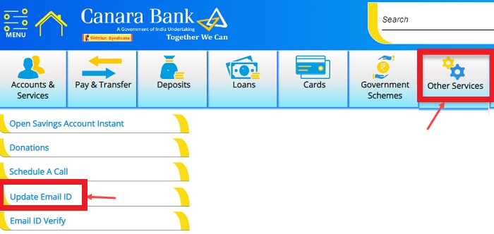 Change Canara Bank Registered Email ID Online