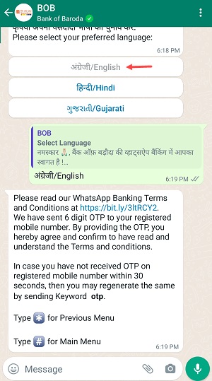 BOB Whatsapp Banking for Account Balance