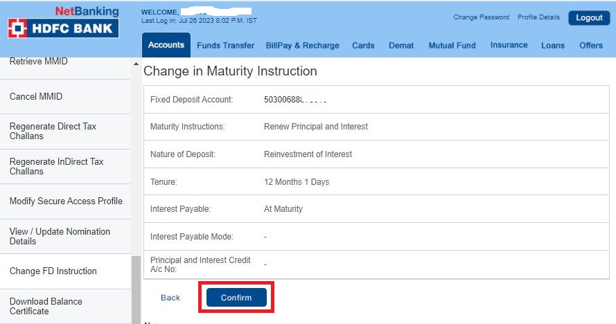 Confirm HDFC FD Instruction