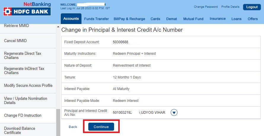 Change in Principal and Interest Credit Account Number