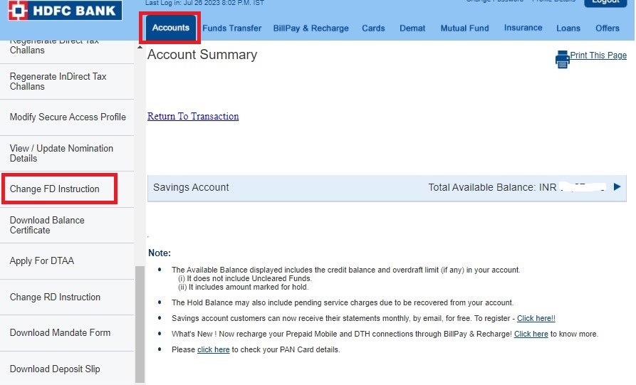 HDFC FD Instruction Change