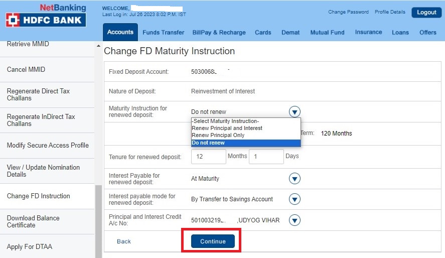 Change HDFC FD Instructions Online