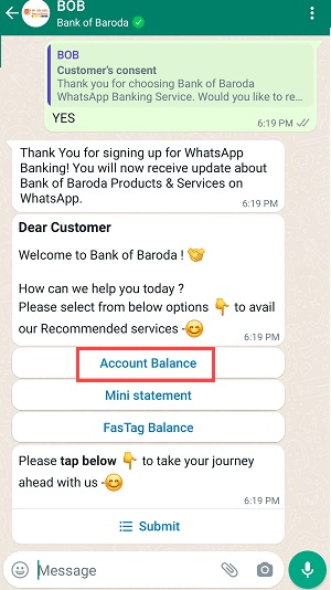 Track Bank of Baroda Whatsapp Balance