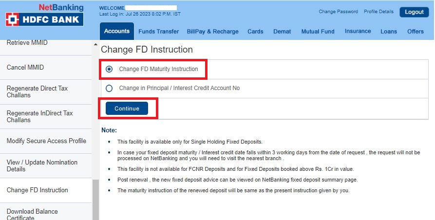 Change HDFC FD Instructions Online