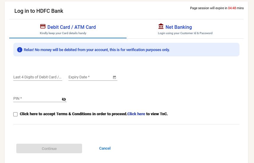 Authenticate using debit or netbanking