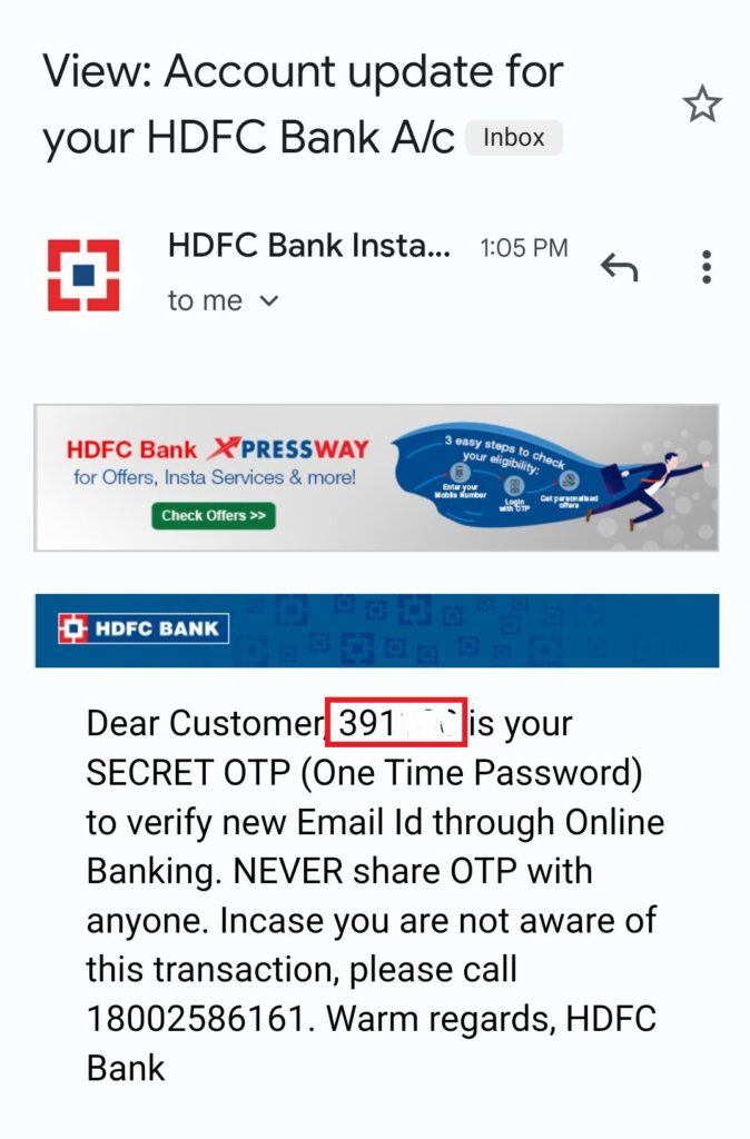 Sample Email OTP from HDFC Bank
