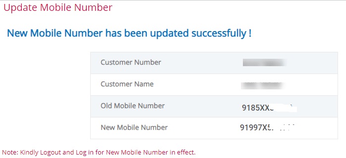 New Mobile Number Success Message