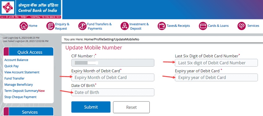 Register Mobile Number in Central Bank of India Online